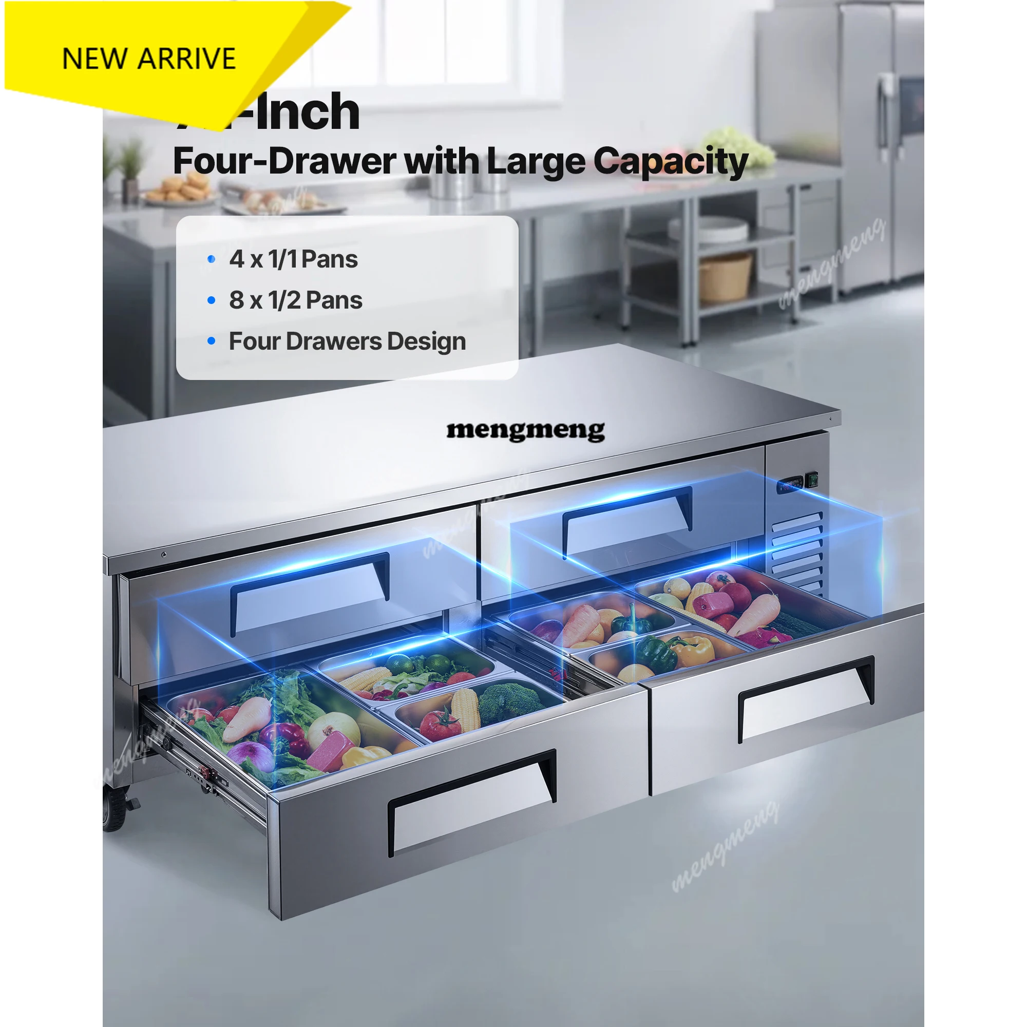 72"W Chef Base Refrigerator Chef Bases Worktop Refrigerators 4-Drawer Under Counter Fridge with 12 Pans Stainless Steel
72"W Chef Base Refrigerator Chef Bases Worktop Refrigerators 4-Drawer Under Counter Fridge with 12 Pans Stainless Steel