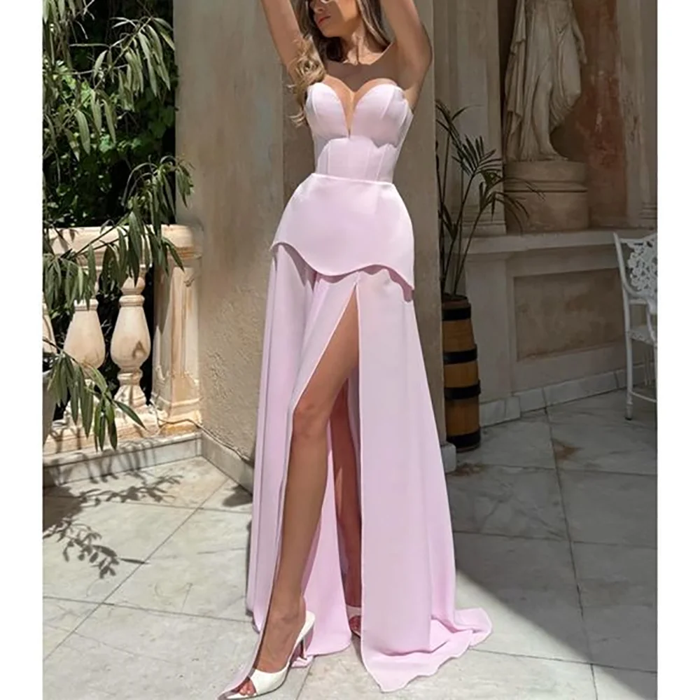 Sweet Pink Prom Dresses Strapless Side Slit Sleeveless Party Gown A Line Floor Length Banquet Formal Evening Dress Customized
Sweet Pink Prom Dresses Strapless Side Slit Sleeveless Party Gown A Line Floor Length Banquet Formal Evening Dress Customized