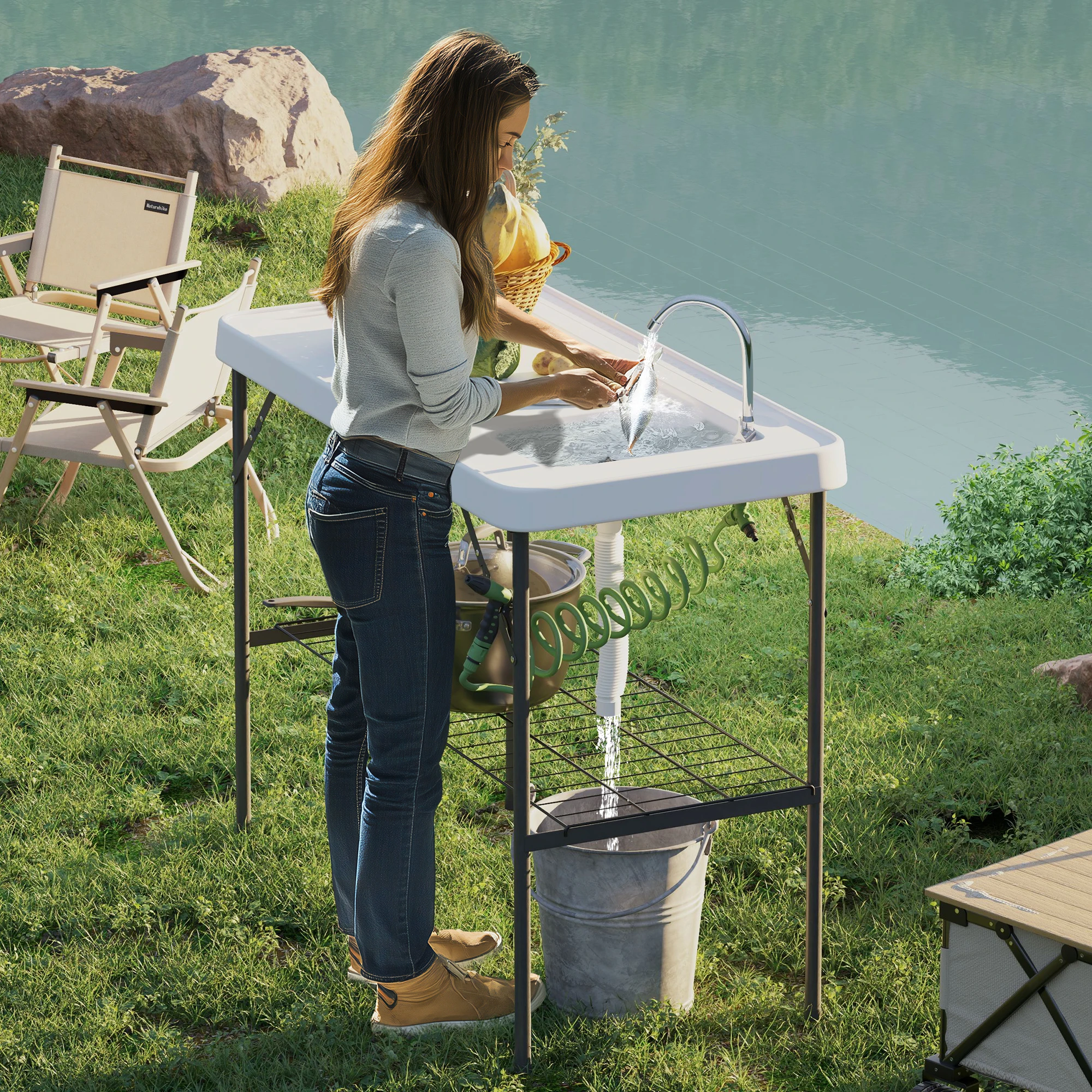 Folding Fish Cleaning Table with Sink, Faucet, Sprayer, White
Folding Fish Cleaning Table with Sink, Faucet, Sprayer, White