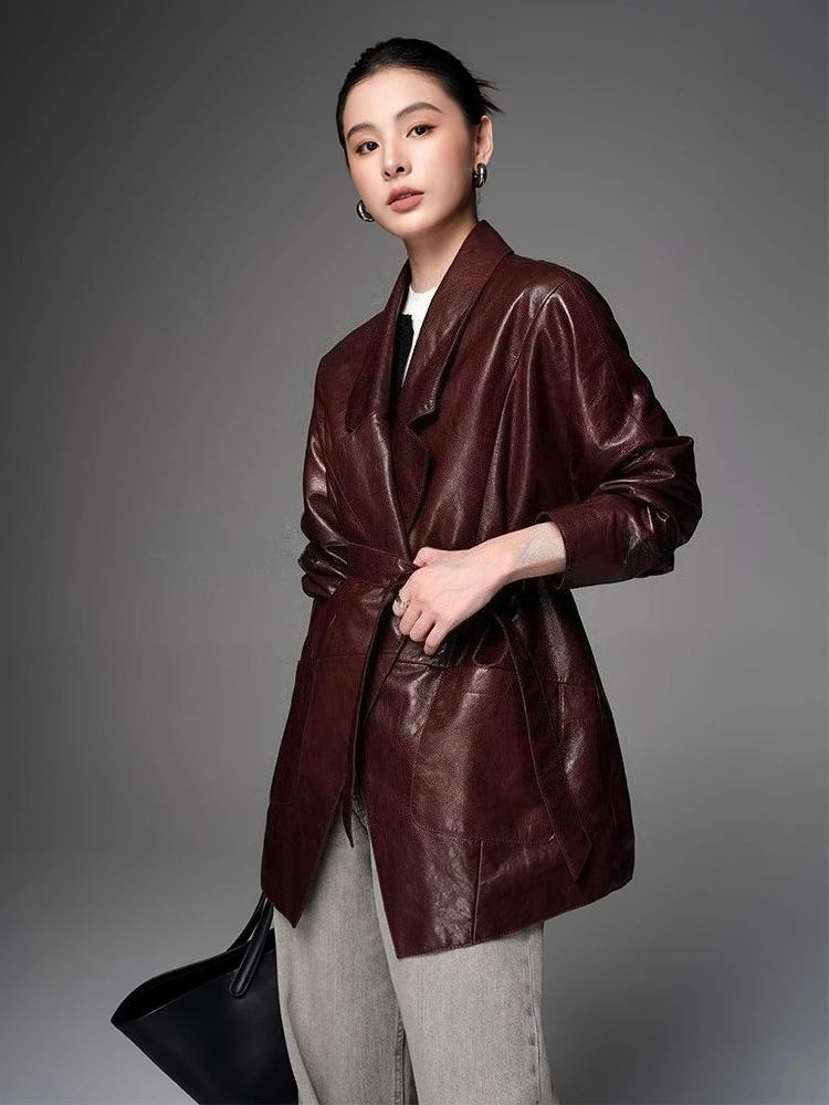 Lace-up Vintage Genuine Leather Blazer Jackets Women Spring Autumn High-end Solid Simple Soft Oil Wax Real Goatskin Leather Coat
Lace-up Vintage Genuine Leather Blazer Jackets Women Spring Autumn High-end Solid Simple Soft Oil Wax Real Goatskin Leather Coat