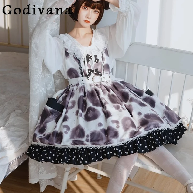 Cute Lolita Cow Jsk Summer Bow A-line Adjustable Shoulder Strap Japanese Suspender Dress Girls Lace Age Reduction Pocket Dresses
Cute Lolita Cow Jsk Summer Bow A-line Adjustable Shoulder Strap Japanese Suspender Dress Girls Lace Age Reduction Pocket Dresses