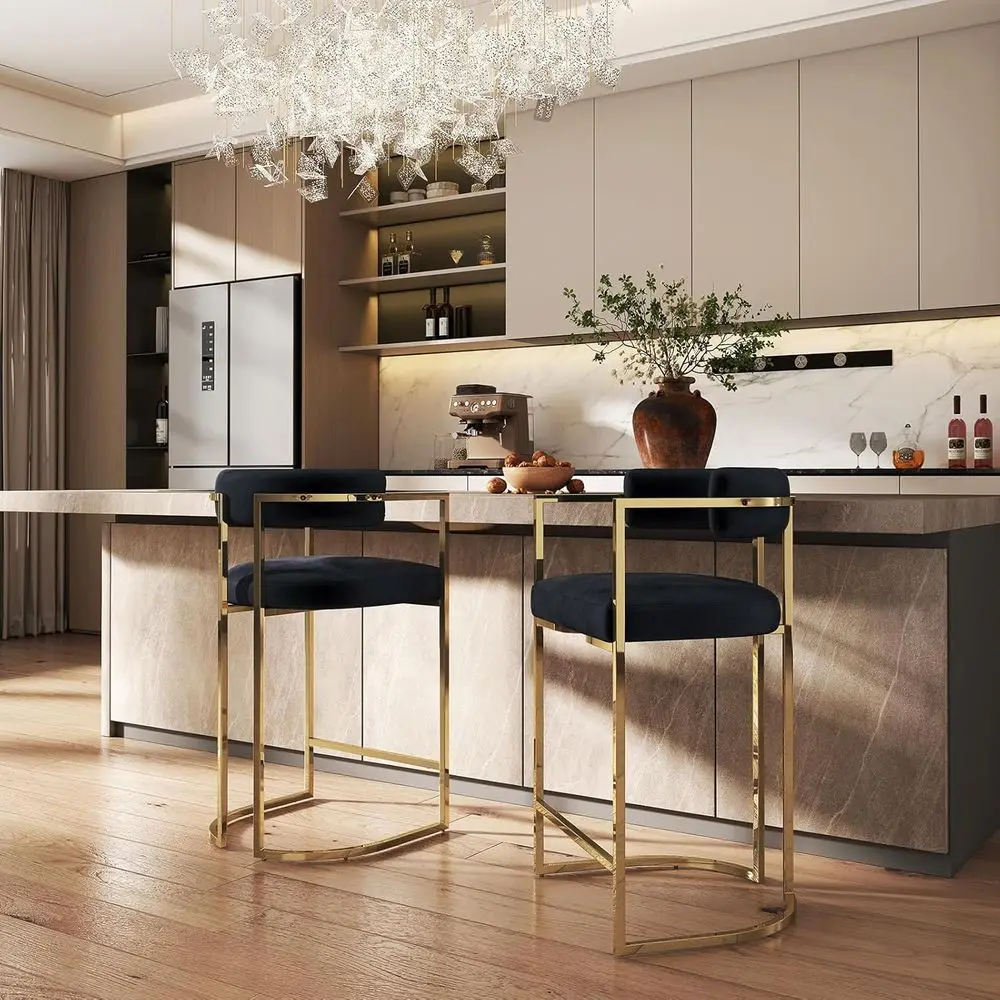Set of 2 Black Velvet Bar Stools, 26 Seat Height, Gold Metal Frame, Upholstered Barrel Design for Kitchen Island Dining
Set of 2 Black Velvet Bar Stools, 26 Seat Height, Gold Metal Frame, Upholstered Barrel Design for Kitchen Island Dining