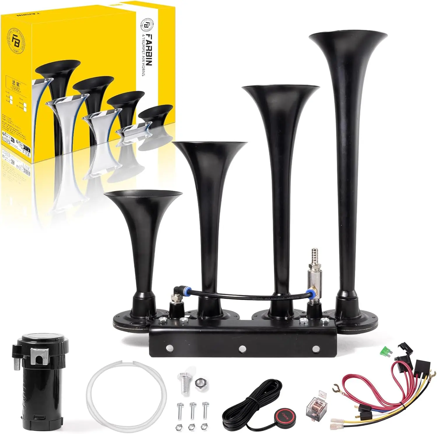 12V 4 Trumpet Air Horn Kit 150dB Train Horn for Truck SUV Jeep Boat Black
12V 4 Trumpet Air Horn Kit 150dB Train Horn for Truck SUV Jeep Boat Black