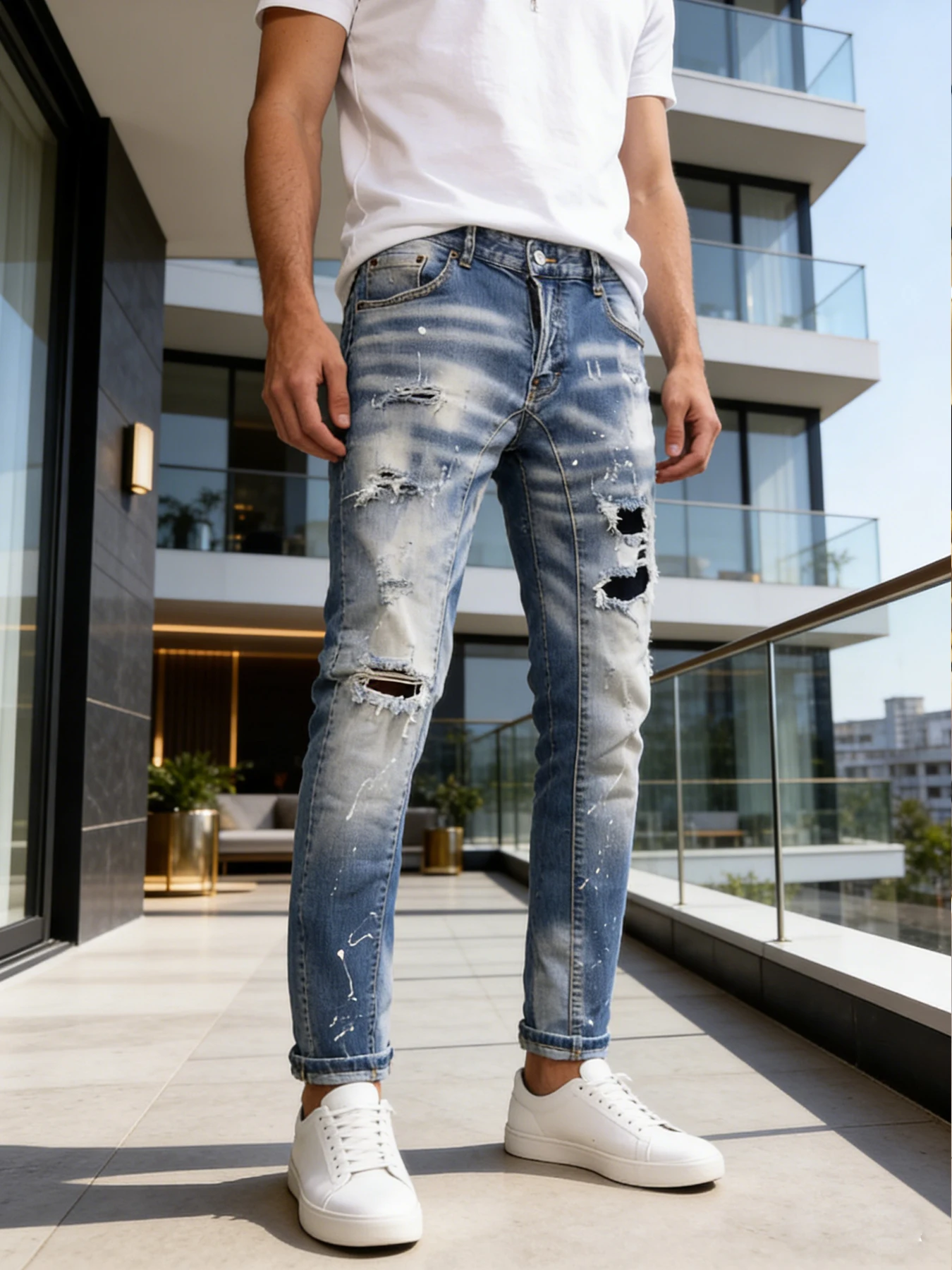 Trendy street style large ripped paint-splatter jeans for men, gradient distressed, slim fit, slimming trendy long pants
Trendy street style large ripped paint-splatter jeans for men, gradient distressed, slim fit, slimming trendy long pants