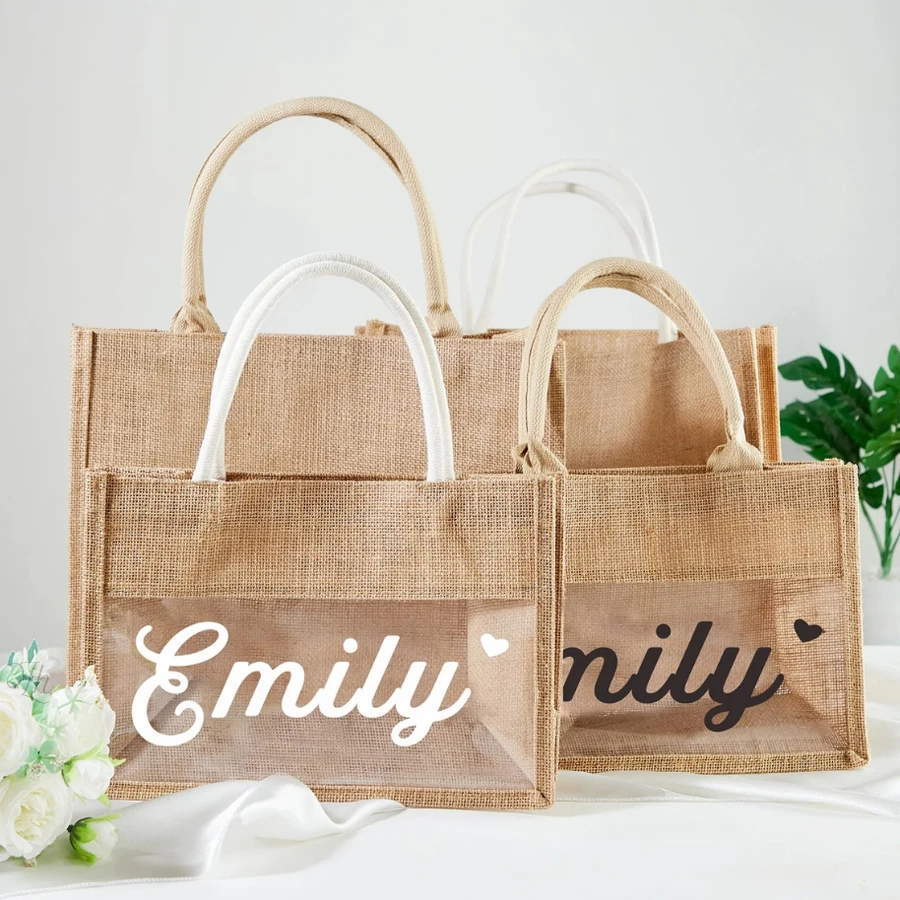 Custom Wedding Bags Gift Jute Tote Bag Jute Beach Tote Bags with Transparent PVC Film Window Bride Bridesmaid Tote Bag
Custom Wedding Bags Gift Jute Tote Bag Jute Beach Tote Bags with Transparent PVC Film Window Bride Bridesmaid Tote Bag