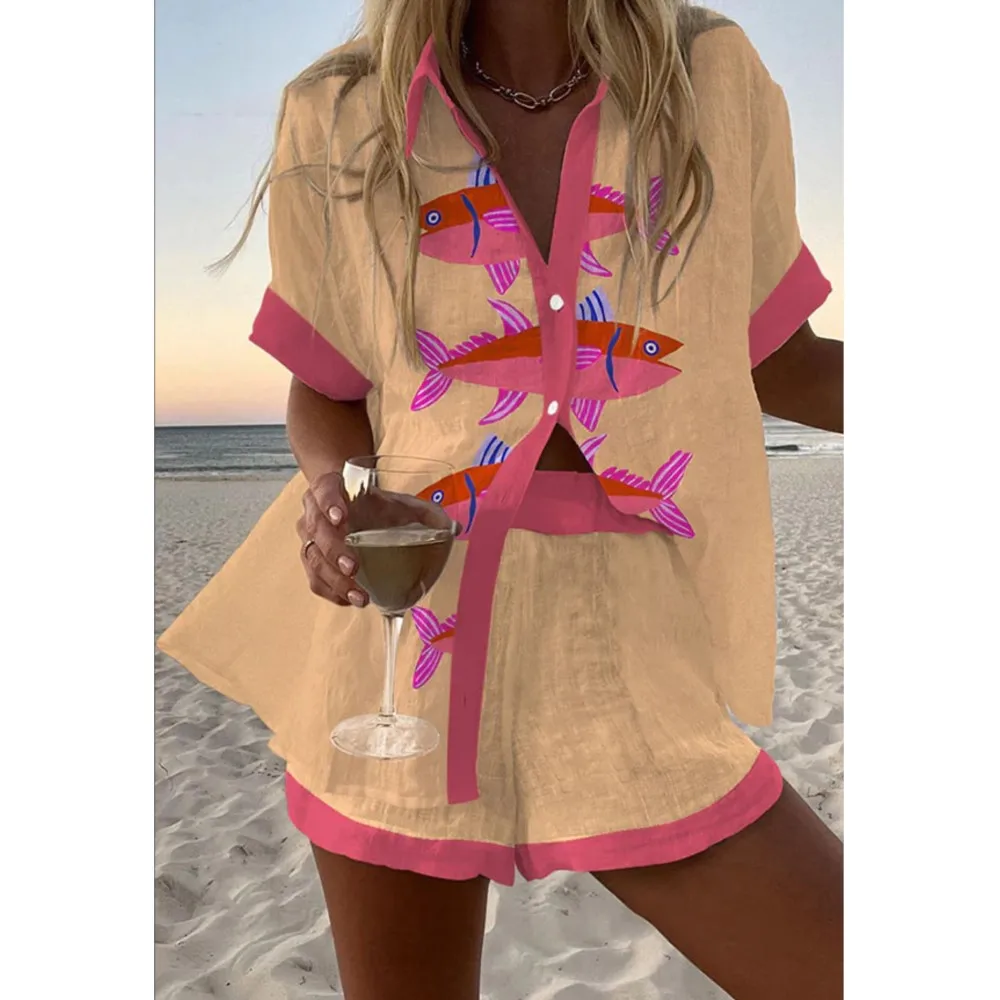 Women's Fashion Retro Printed Short Sleeved Shirt Suit Summer New Casual Loose Simple Female Beach Vacation Shorts 2 Piece Set
Women's Fashion Retro Printed Short Sleeved Shirt Suit Summer New Casual Loose Simple Female Beach Vacation Shorts 2 Piece Set