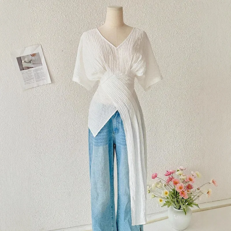 Korean V-Neck Pleated Top Cross-Strap Tie Lace Waist Loose Short Sleeve Slim T Shirt Dress White Elegant Y2K Chic Fashion Tops
Korean V-Neck Pleated Top Cross-Strap Tie Lace Waist Loose Short Sleeve Slim T Shirt Dress White Elegant Y2K Chic Fashion Tops