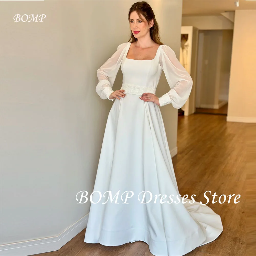BOMP Simple A Line Puff Long Sleeves Wedding Dresses Silk Satin Square Neck Women Country Bridal Gowns For Bride Customized
BOMP Simple A Line Puff Long Sleeves Wedding Dresses Silk Satin Square Neck Women Country Bridal Gowns For Bride Customized