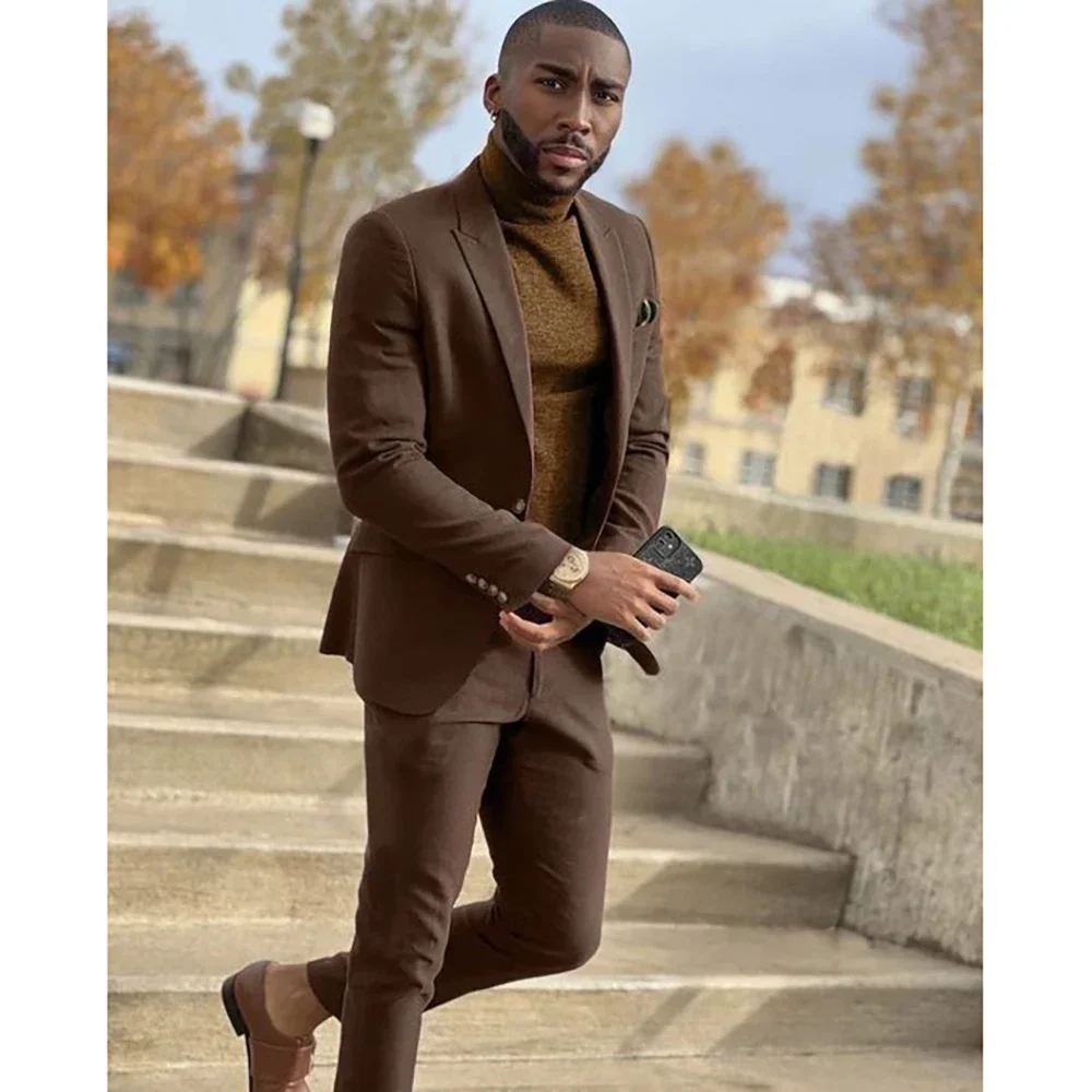 Solid Color Men Suits Brown Terno Peak Lapel Single Breasted Outfits Terno 2 Piece Jacket Pants Outfits Slim Fit Office Set
Solid Color Men Suits Brown Terno Peak Lapel Single Breasted Outfits Terno 2 Piece Jacket Pants Outfits Slim Fit Office Set