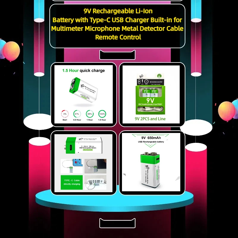 9V Rechargeable Li-Ion Battery with Type-C USB Charger Built-in for Multimeter Microphone Metal Detector Cable Remote Control
9V Rechargeable Li-Ion Battery with Type-C USB Charger Built-in for Multimeter Microphone Metal Detector Cable Remote Control