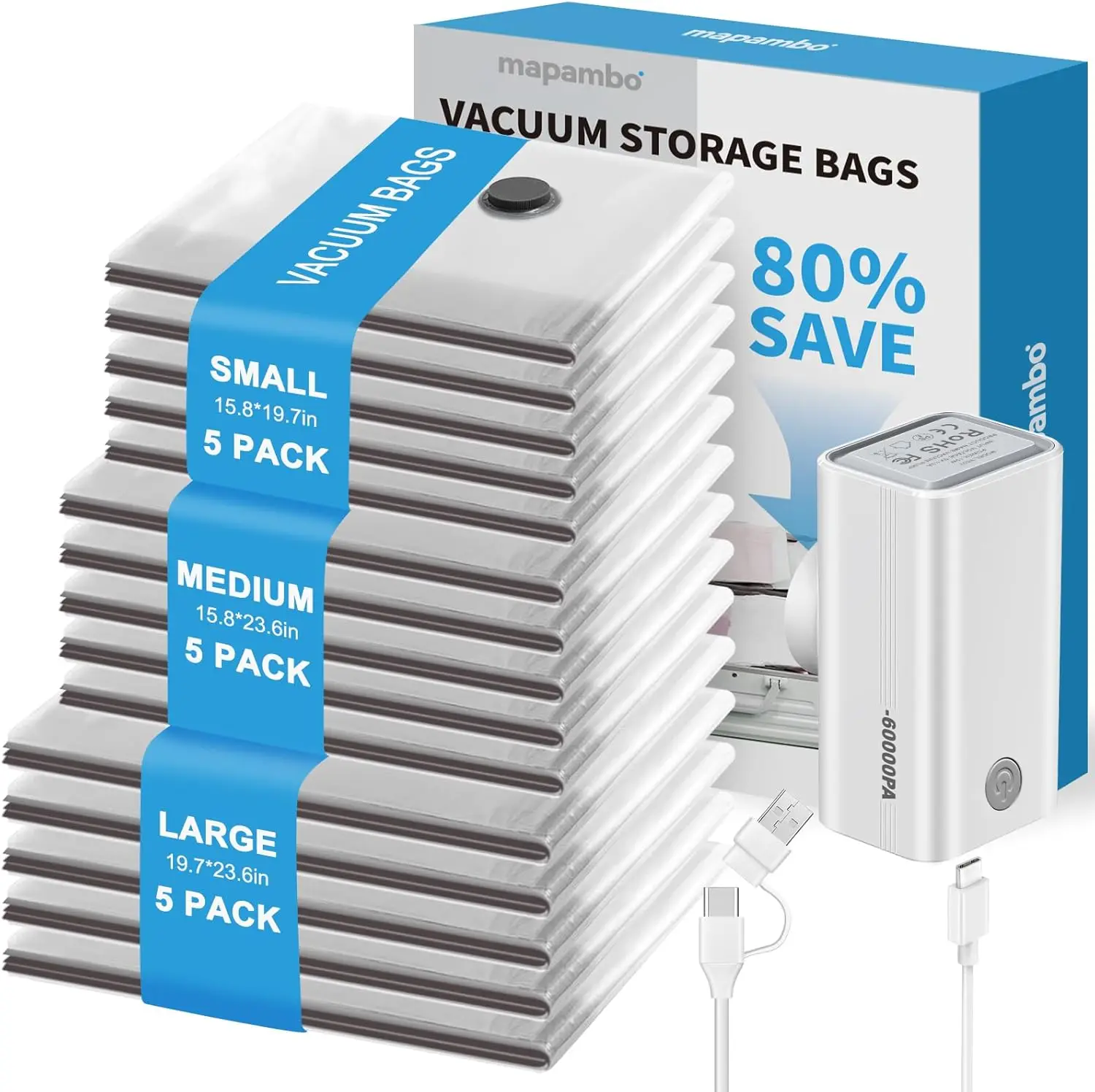 Vacuum Storage Bags with 60000Pa USB Pump, 15 Pack 3 Sizes for Travel, Save 80% Luggage Space
Vacuum Storage Bags with 60000Pa USB Pump, 15 Pack 3 Sizes for Travel, Save 80% Luggage Space