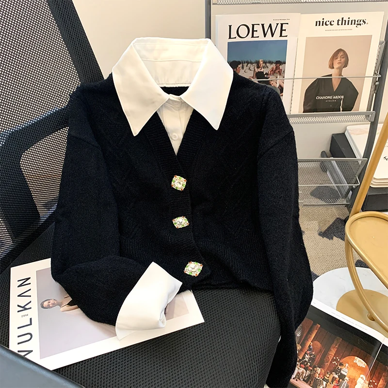 fake two pieces Sweater Women's Spring Autumn Shirt splicing Knitted Cardigan Jacket Casual Outerwear Tops Woman Sweaters Jumper
fake two pieces Sweater Women's Spring Autumn Shirt splicing Knitted Cardigan Jacket Casual Outerwear Tops Woman Sweaters Jumper