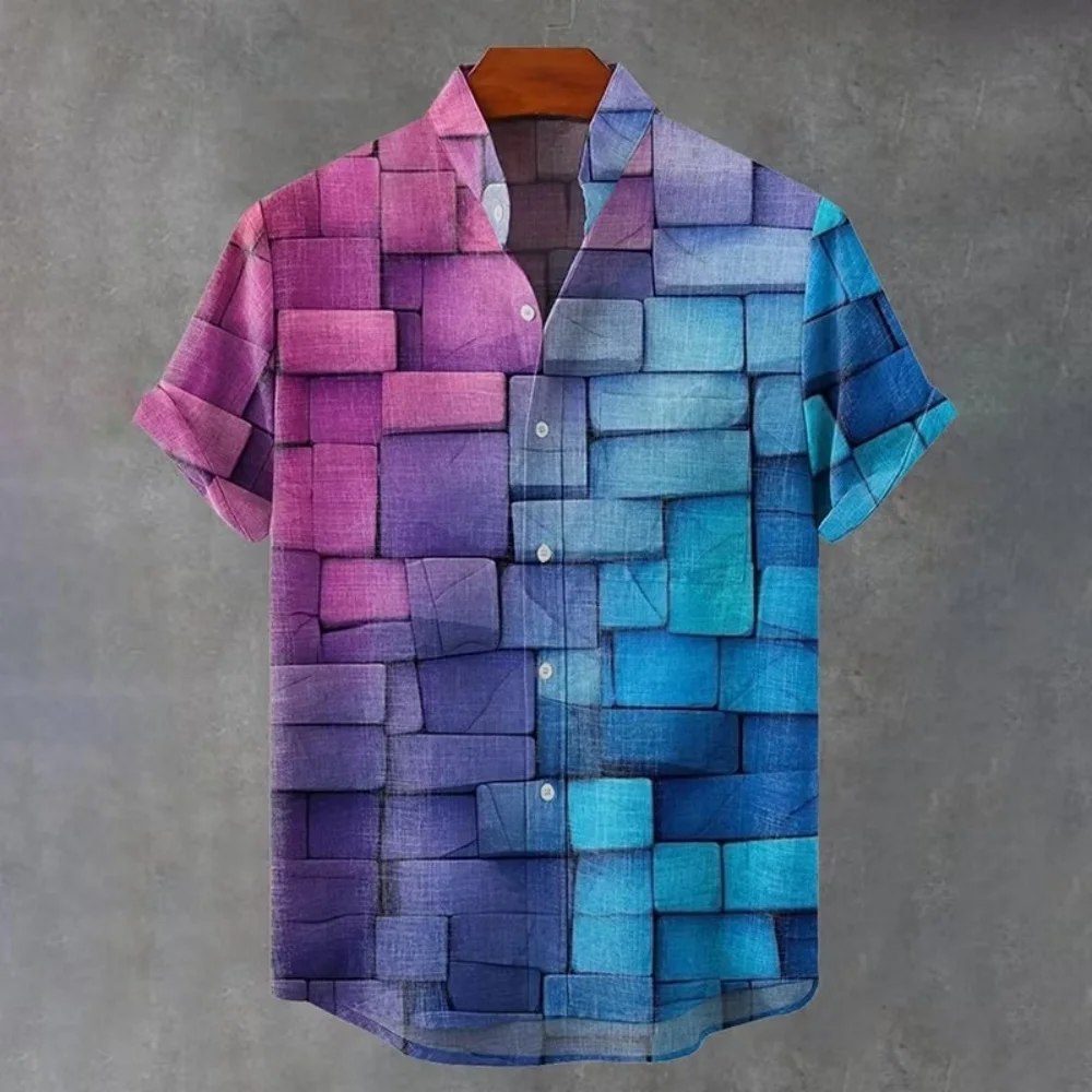 Men's gradient purple blue 3D brick wall print stand up collar shirt summer short sleeved button down Hawaiian beach shirt
Men's gradient purple blue 3D brick wall print stand up collar shirt summer short sleeved button down Hawaiian beach shirt
