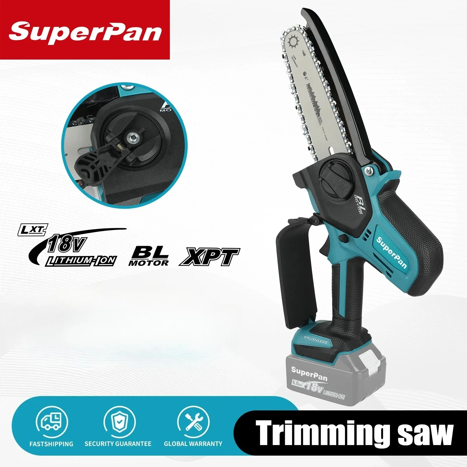 Superpan Cordless Brushless Pruning Chainsaw 6-inch Garden Tree Cutting Tool for Makita 18v Battery Pin
Superpan Cordless Brushless Pruning Chainsaw 6-inch Garden Tree Cutting Tool for Makita 18v Battery Pin