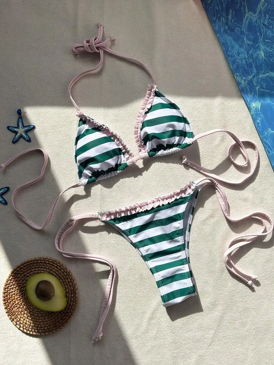 Green And White Striped Bikini Set Criss-Cross Tie Top Pink Ruffle Low-Waist Bottoms Beach Summer Swimwear
Green And White Striped Bikini Set Criss-Cross Tie Top Pink Ruffle Low-Waist Bottoms Beach Summer Swimwear
