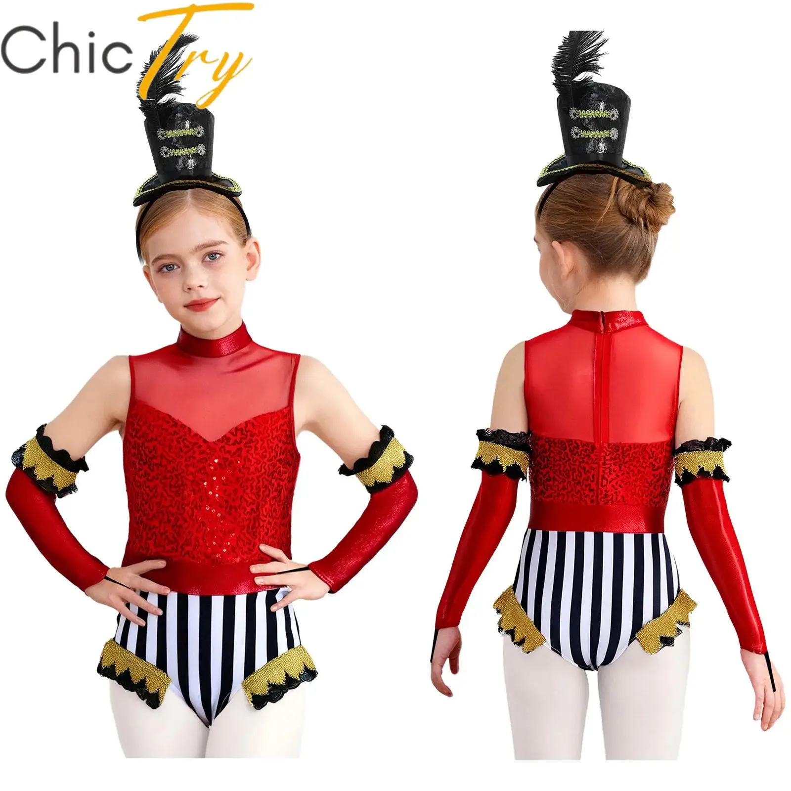 Kids Girls Circus Costume Halloween Sequins Leotards Mock Neck Sleeveless Jumpsuit with Metallic Oversleeve Top Hat Headwear
Kids Girls Circus Costume Halloween Sequins Leotards Mock Neck Sleeveless Jumpsuit with Metallic Oversleeve Top Hat Headwear