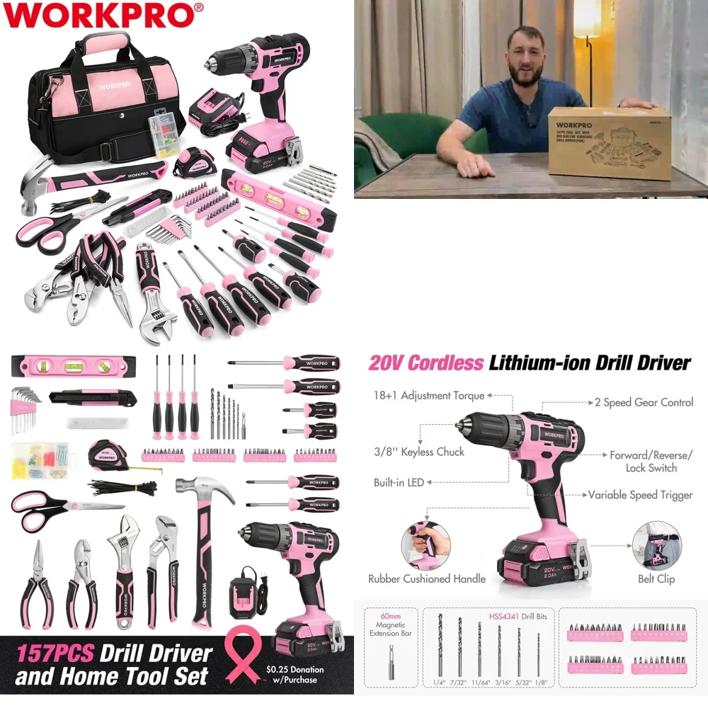 Hand Tool Sets157PC Home Tool Kit with 20V Cordless Drill and Tool Bag for DIY Projects and Repairs
Hand Tool Sets157PC Home Tool Kit with 20V Cordless Drill and Tool Bag for DIY Projects and Repairs