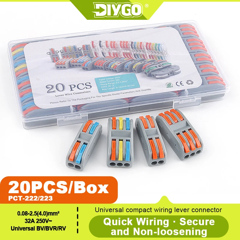 DIY GO 20PCS Lever Wire Nuts Connectors Kit with 2/3 Conductor Combination, Electrical Wire Connectors Push-in Splices Terminals
DIY GO 20PCS Lever Wire Nuts Connectors Kit with 2/3 Conductor Combination, Electrical Wire Connectors Push-in Splices Terminals