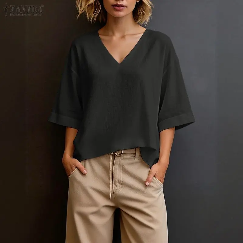 ZANZEA Stylish Summer Solid Color Blouse 2026 Women V Neck Short Sleeve Tops Elegant OL Work Shirt Female Mujer Casual Tunic
ZANZEA Stylish Summer Solid Color Blouse 2026 Women V Neck Short Sleeve Tops Elegant OL Work Shirt Female Mujer Casual Tunic