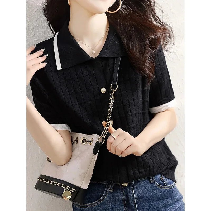 Women's Check Jacquard Ice Silk Knit Top Color Block Polo Collar Short Sleeve Slim Fit Base Tee
Women's Check Jacquard Ice Silk Knit Top Color Block Polo Collar Short Sleeve Slim Fit Base Tee