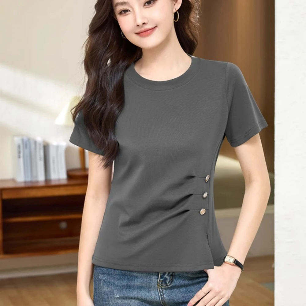 Grey pure cotton short sleeved T-shirt women's summer new high-end fashion plus size waist cinched hem slit pleated casual top
Grey pure cotton short sleeved T-shirt women's summer new high-end fashion plus size waist cinched hem slit pleated casual top