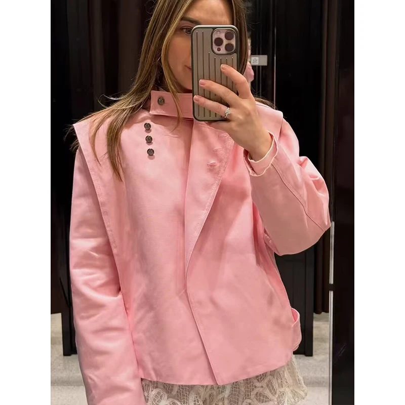 Pink Asymmetric Stand Collar Jacket Diagonal Metal Buttons Shoulder Flap Panel Long Sleeve Loose Cropped Solid Casual Outerwear
Pink Asymmetric Stand Collar Jacket Diagonal Metal Buttons Shoulder Flap Panel Long Sleeve Loose Cropped Solid Casual Outerwear