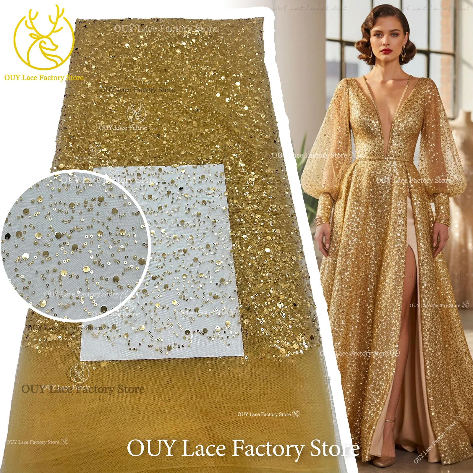 Gold Luxury African Beaded Sequins Lace Fabric 5 Yards Nigerian French Tulle Mesh Lace Fabric For Party Wedding Dress Sewing
Gold Luxury African Beaded Sequins Lace Fabric 5 Yards Nigerian French Tulle Mesh Lace Fabric For Party Wedding Dress Sewing