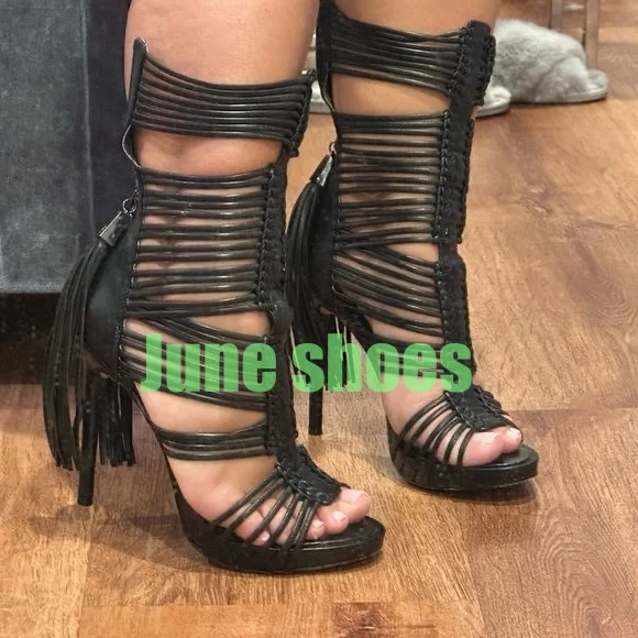 Lady Vintage Black Gladiator Lace-Up Sandals Boots Cut-Out Pu Tassel Design Gladiator Style Pumps High Heels Open Toe Summer
Lady Vintage Black Gladiator Lace-Up Sandals Boots Cut-Out Pu Tassel Design Gladiator Style Pumps High Heels Open Toe Summer