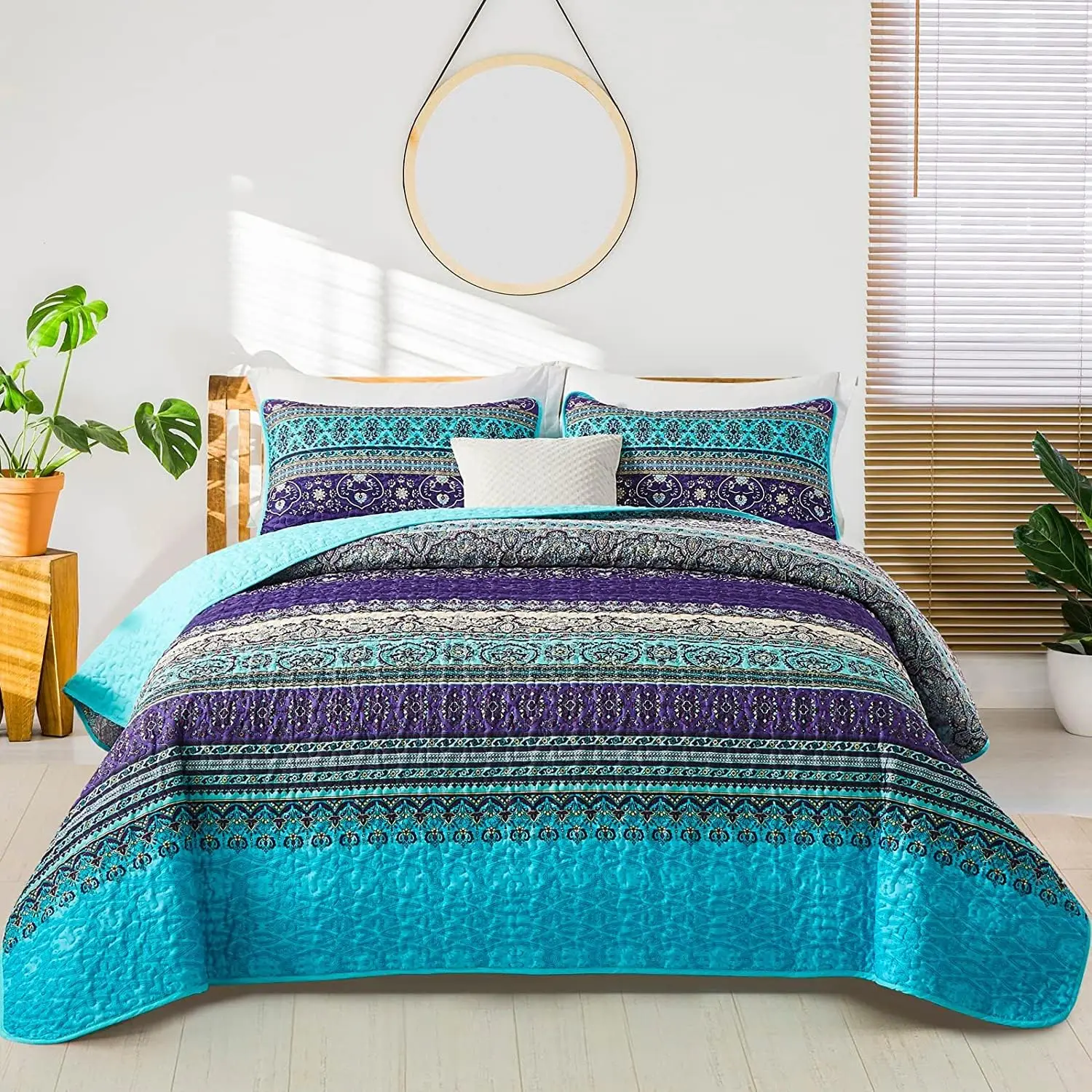 Bohemian Striped Quilt Set California King, Blue Purple Pattern, Lightweight Microfiber Bedspread for All Seasons (3 Pieces)
Bohemian Striped Quilt Set California King, Blue Purple Pattern, Lightweight Microfiber Bedspread for All Seasons (3 Pieces)