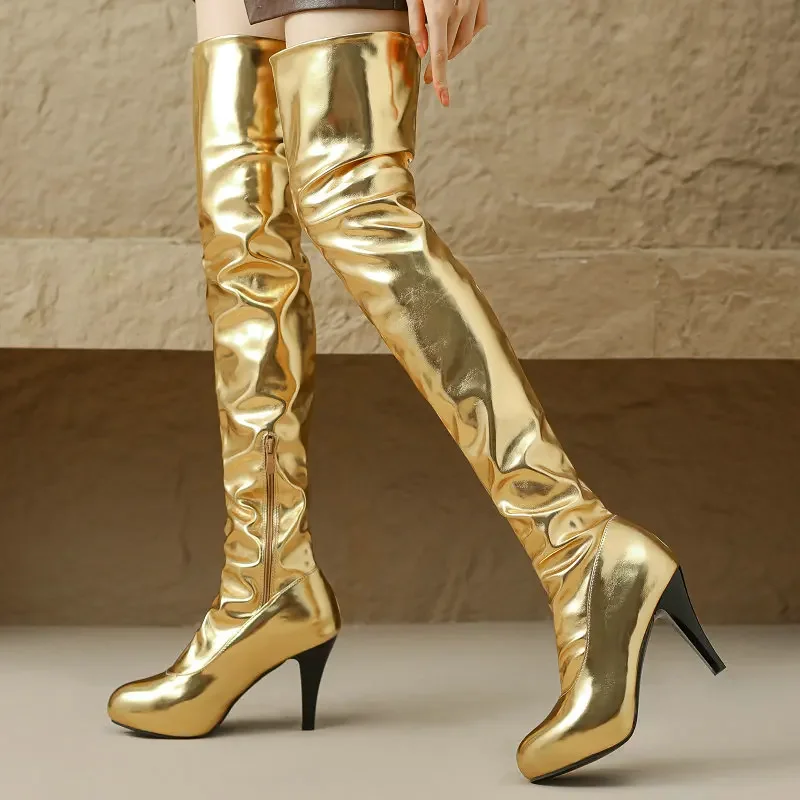 Size 32-44 Western Patent Leather Shiny Silver Gold Pleated Women Overknees Spike High Heels Hidden Platform Over-the-knee Boots
Size 32-44 Western Patent Leather Shiny Silver Gold Pleated Women Overknees Spike High Heels Hidden Platform Over-the-knee Boots
