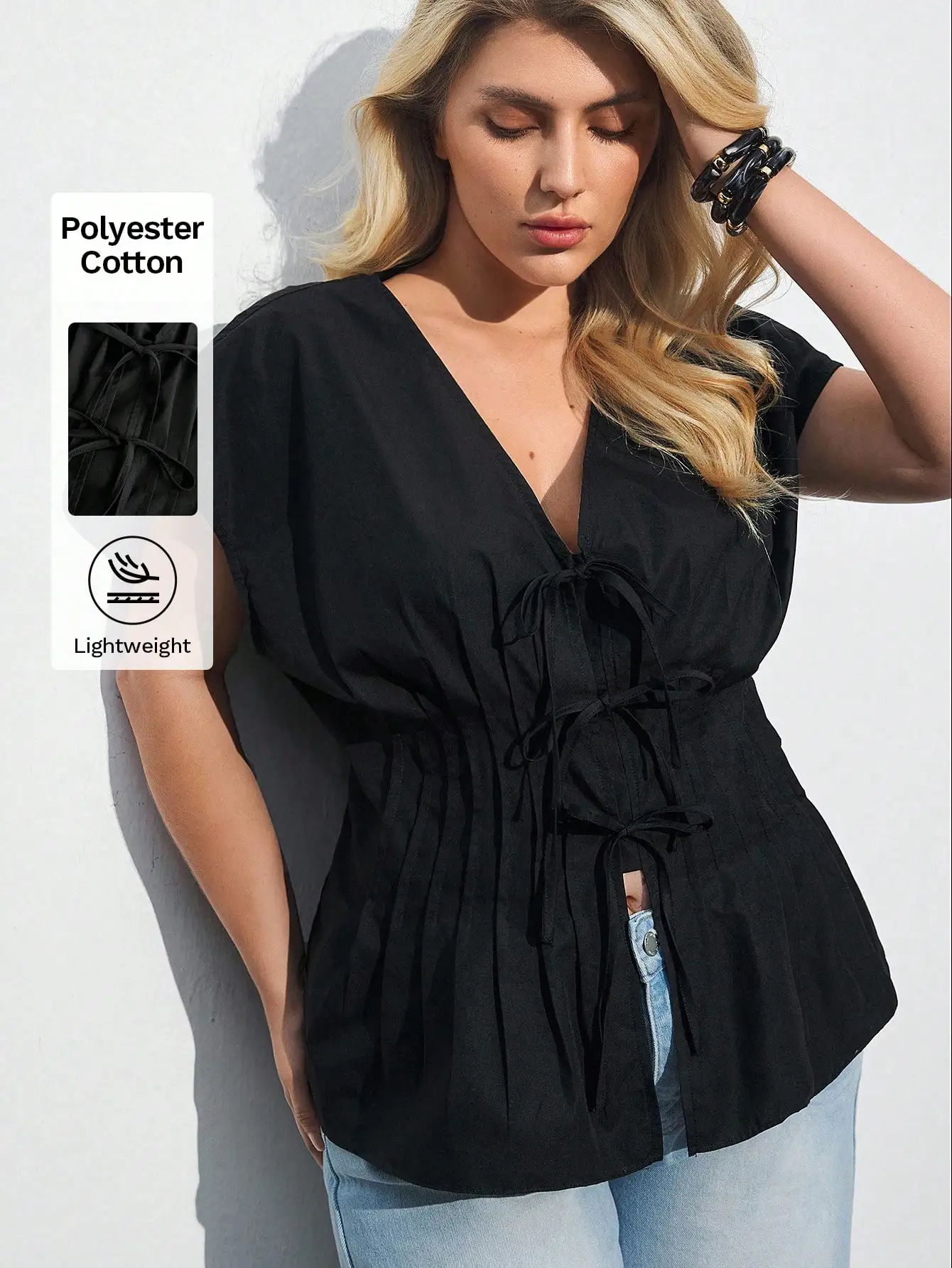 Plus Size V-Neck Tie Waist Blouse, Lightweight Polyester Cotton, Casual Chic for Summer Daily Wear
Plus Size V-Neck Tie Waist Blouse, Lightweight Polyester Cotton, Casual Chic for Summer Daily Wear