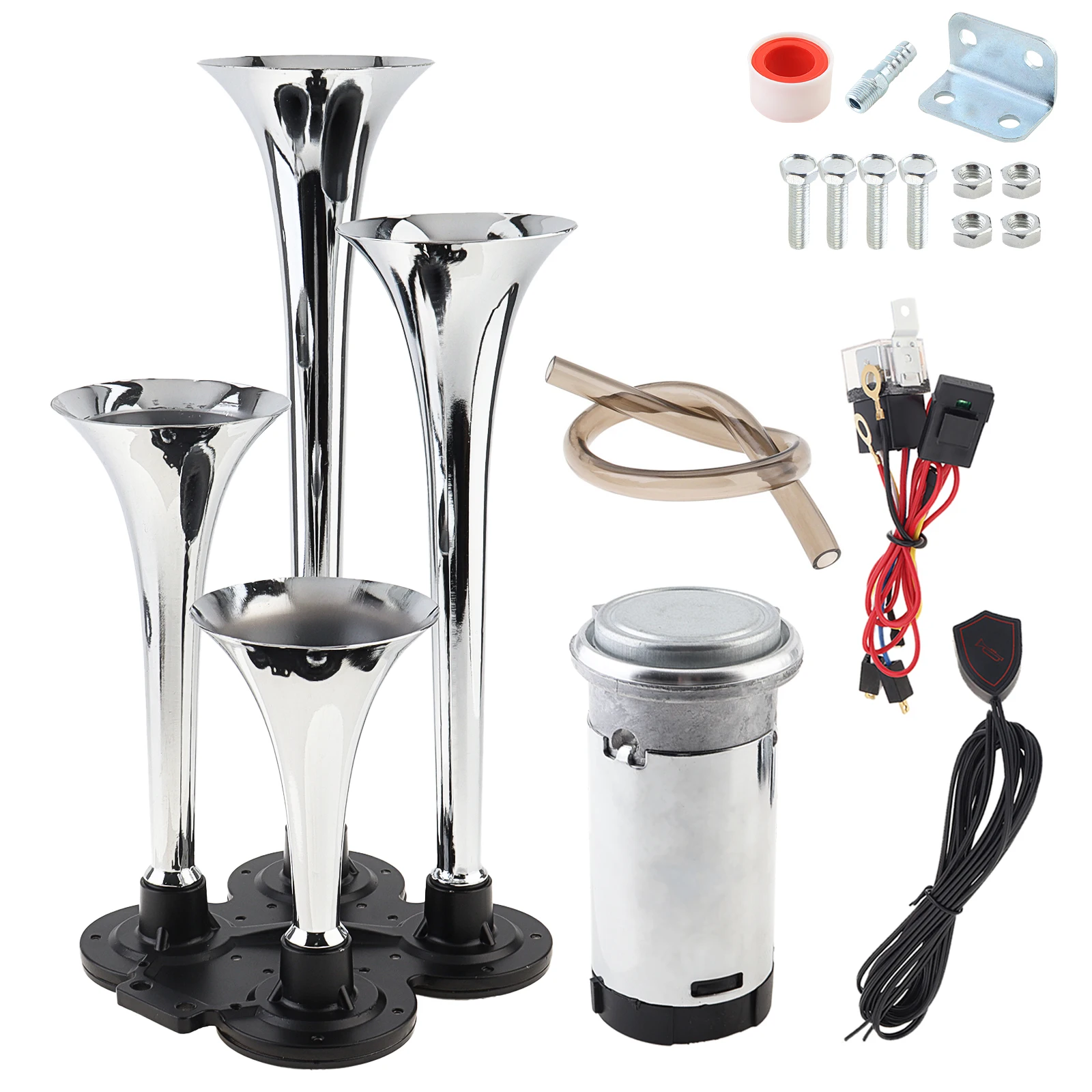 12V 185db Super Loud Four Trumpet Air Horn Fit for Cars / Trucks / Boats / Motorcycles with Compressor and Switch Button 
12V 185db Super Loud Four Trumpet Air Horn Fit for Cars / Trucks / Boats / Motorcycles with Compressor and Switch Button