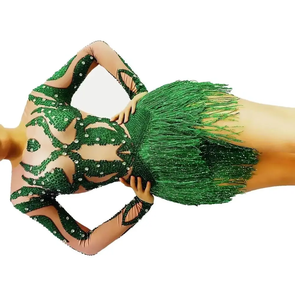 Performance Show Nightclub Outfit Sexy Crystal Fringes Leatard Sparkly Crystals Green Tassel Bodysuit Dance Costume Stage Wear
Performance Show Nightclub Outfit Sexy Crystal Fringes Leatard Sparkly Crystals Green Tassel Bodysuit Dance Costume Stage Wear