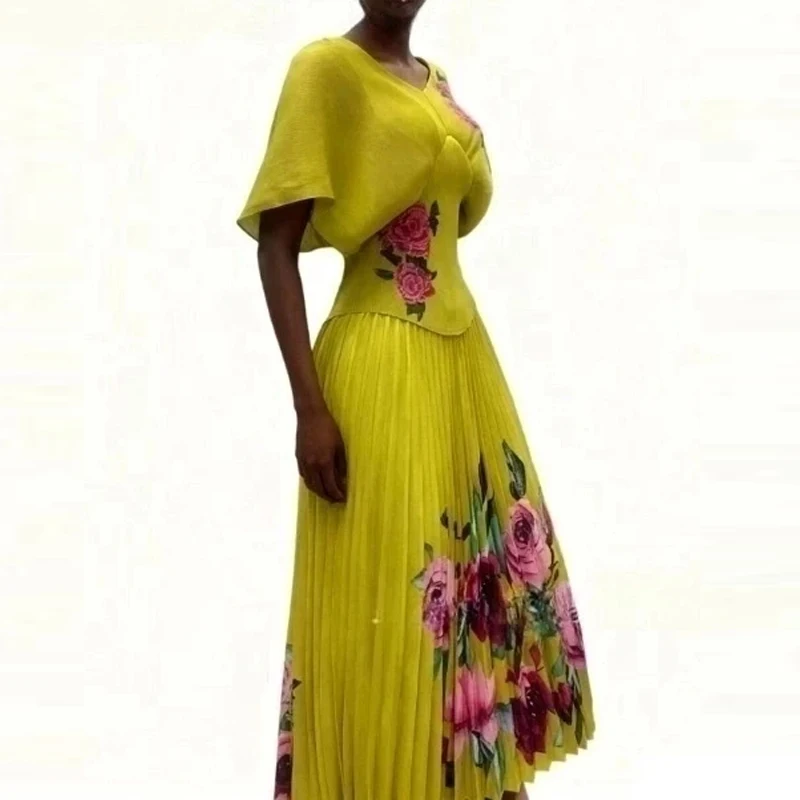 Elegant V-neck Pullover & Long Skirt Set Women's Casual Batwing Sleeve Loose Party Outfits Fashion Flower Print Pleated 2Pc Suit
Elegant V-neck Pullover & Long Skirt Set Women's Casual Batwing Sleeve Loose Party Outfits Fashion Flower Print Pleated 2Pc Suit