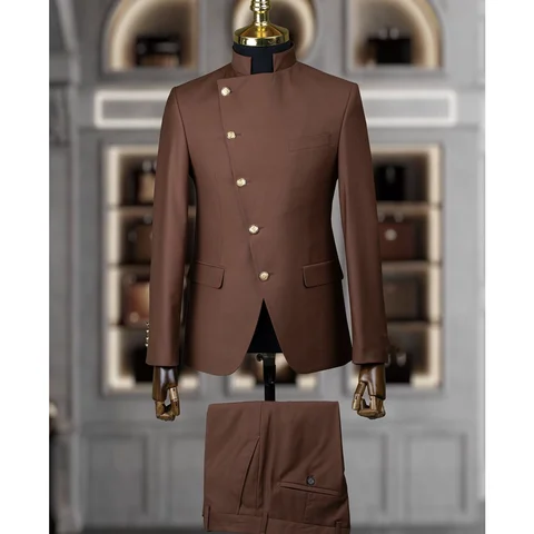 Heren Pak Blazer Sets 2 Stuks Oost Stijl Slim Fit Formeel Indian Midden Stand-Up Kraag Pak Voor Heren Slant-Breasted Bruiloft