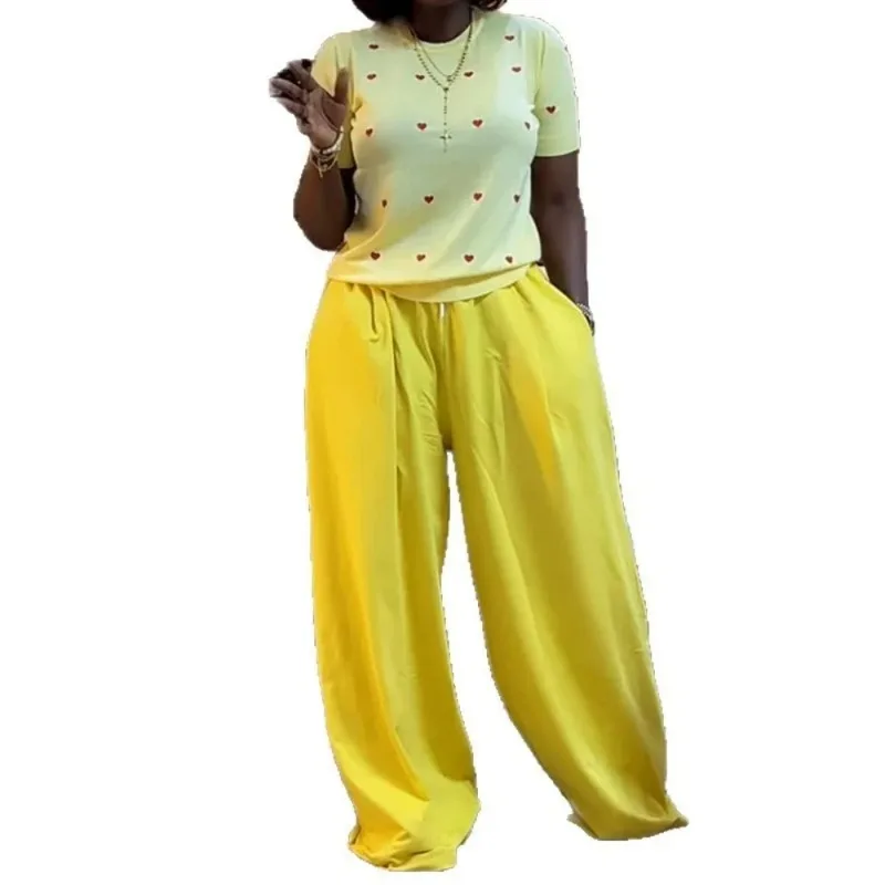 Two Piece Set Women Wholesale Summer New Sweet Fashionable Round Neck Heart Shaped Short Sleeved Top Wide Leg Long Pants
Two Piece Set Women Wholesale Summer New Sweet Fashionable Round Neck Heart Shaped Short Sleeved Top Wide Leg Long Pants
