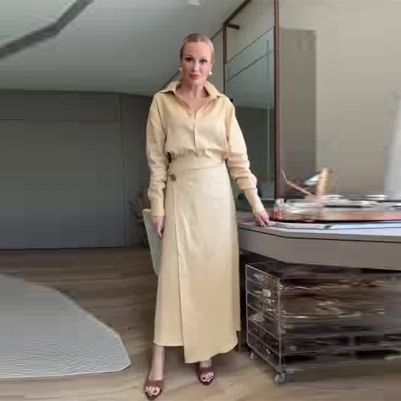 Элегантный женский костюм с юбкой, офисная женская рубашка с длинным рукавом и отложным воротником, топ, нерегулярная длинная юбка, комплект из двух предметов, повседневная одежда 
Элегантный женский костюм с юбкой, офисная женская рубашка с длинным рукавом и отложным воротником, топ, нерегулярная длинная юбка, комплект из двух предметов, повседневная одежда