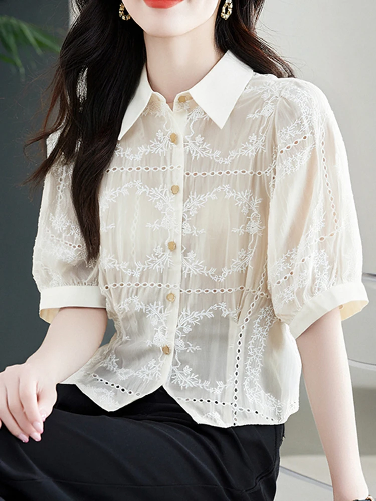 Stylish Turn-Down Collar Puff Sleeve Chiffon Shirts Summer French Style Hollow Out Short Sleeve Blouse Single-Breasted Sweet Top
Stylish Turn-Down Collar Puff Sleeve Chiffon Shirts Summer French Style Hollow Out Short Sleeve Blouse Single-Breasted Sweet Top