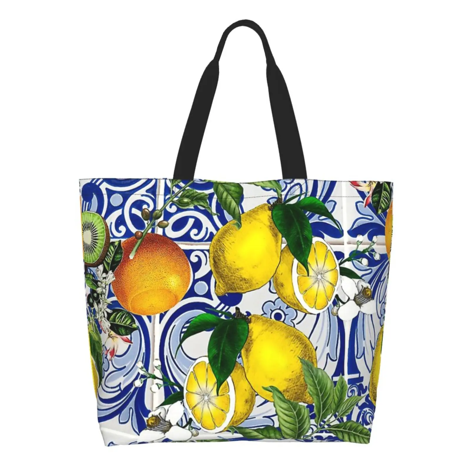 Custom Lemon On Blue Ceramic Tiles Grocery Shopping Bags Shopper Tote Shoulder Bag Big Capacity Summer Citrus Handbag
Custom Lemon On Blue Ceramic Tiles Grocery Shopping Bags Shopper Tote Shoulder Bag Big Capacity Summer Citrus Handbag