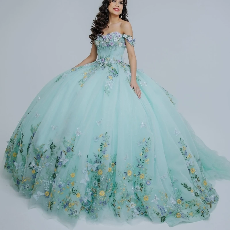 Мятно-зеленые блестящие платья принцессы Quinceanera с открытыми плечами и аппликацией из цветов с бантом из бисера, тюлевое платье Sweet 16, бальное платье Vestidos 15
Мятно-зеленые блестящие платья принцессы Quinceanera с открытыми плечами и аппликацией из цветов с бантом из бисера, тюлевое платье Sweet 16, бальное платье Vestidos 15
