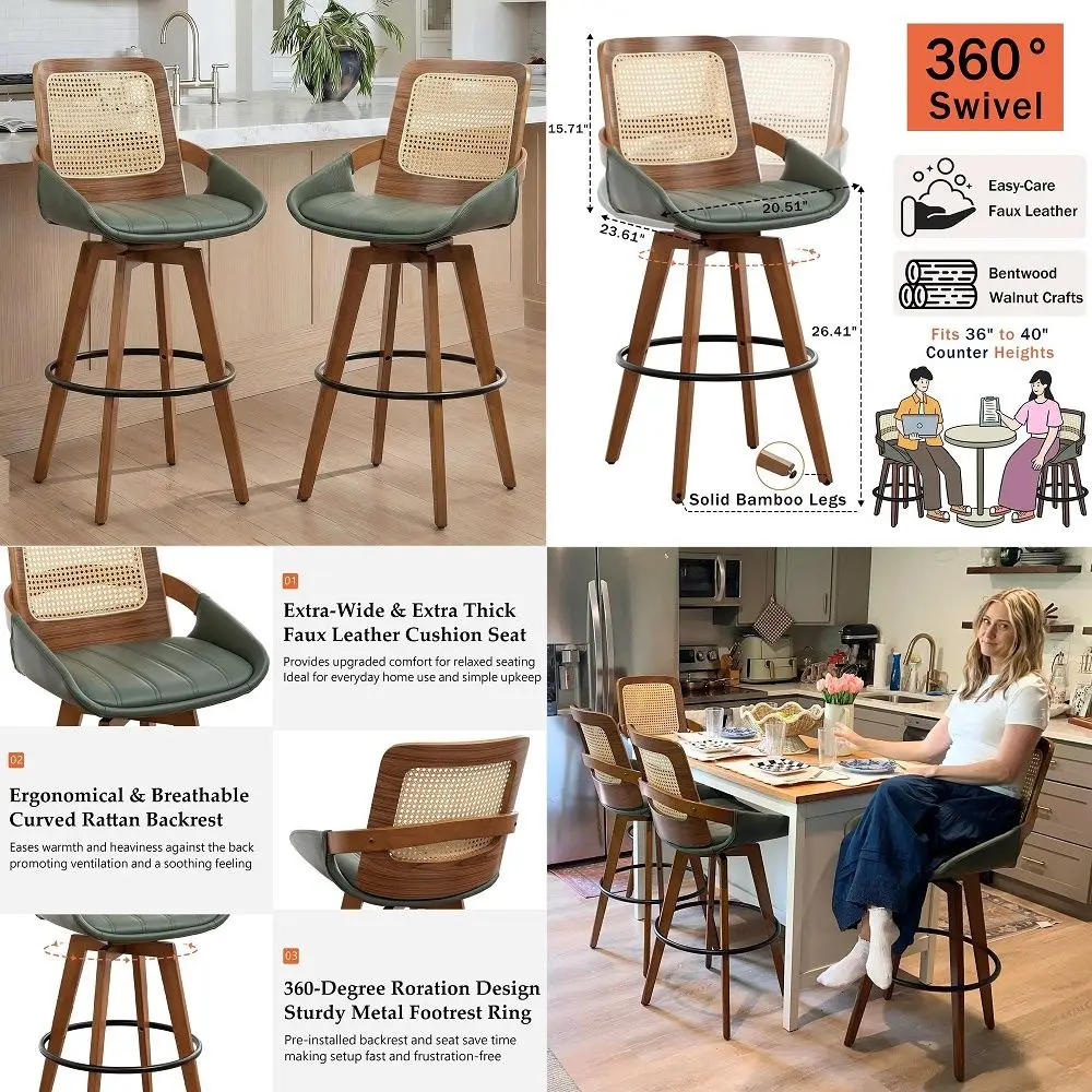 Stools Set of 2 26.4 inch Swivel Counter Stools with Rattan Back, Curved Arms, Faux Leather, Walnut Craftsmanship, Counter Heig
Stools Set of 2 26.4 inch Swivel Counter Stools with Rattan Back, Curved Arms, Faux Leather, Walnut Craftsmanship, Counter Heig