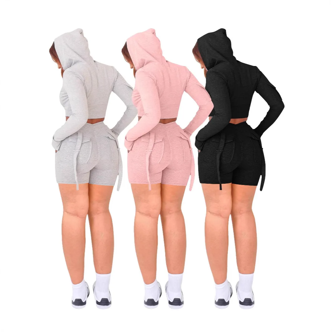 Custom LOGO European and American women's clothing popular casual tight hooded top pocket tooling sports shorts set
Custom LOGO European and American women's clothing popular casual tight hooded top pocket tooling sports shorts set