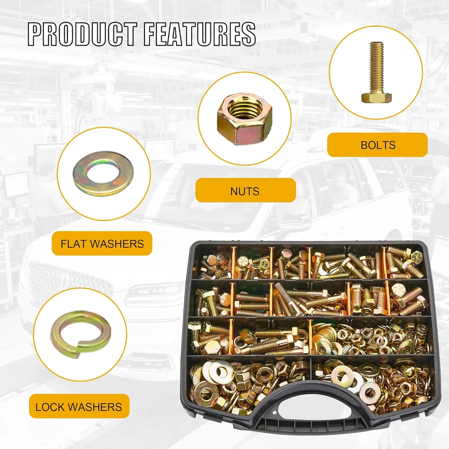 528-piece SAE Heavy Duty Hex Bolt Nut and Washer Assortment Kit in 15 common sizes, 1/4-20, 5/16-18, 3/8-16, 1/2-13
528-piece SAE Heavy Duty Hex Bolt Nut and Washer Assortment Kit in 15 common sizes, 1/4-20, 5/16-18, 3/8-16, 1/2-13