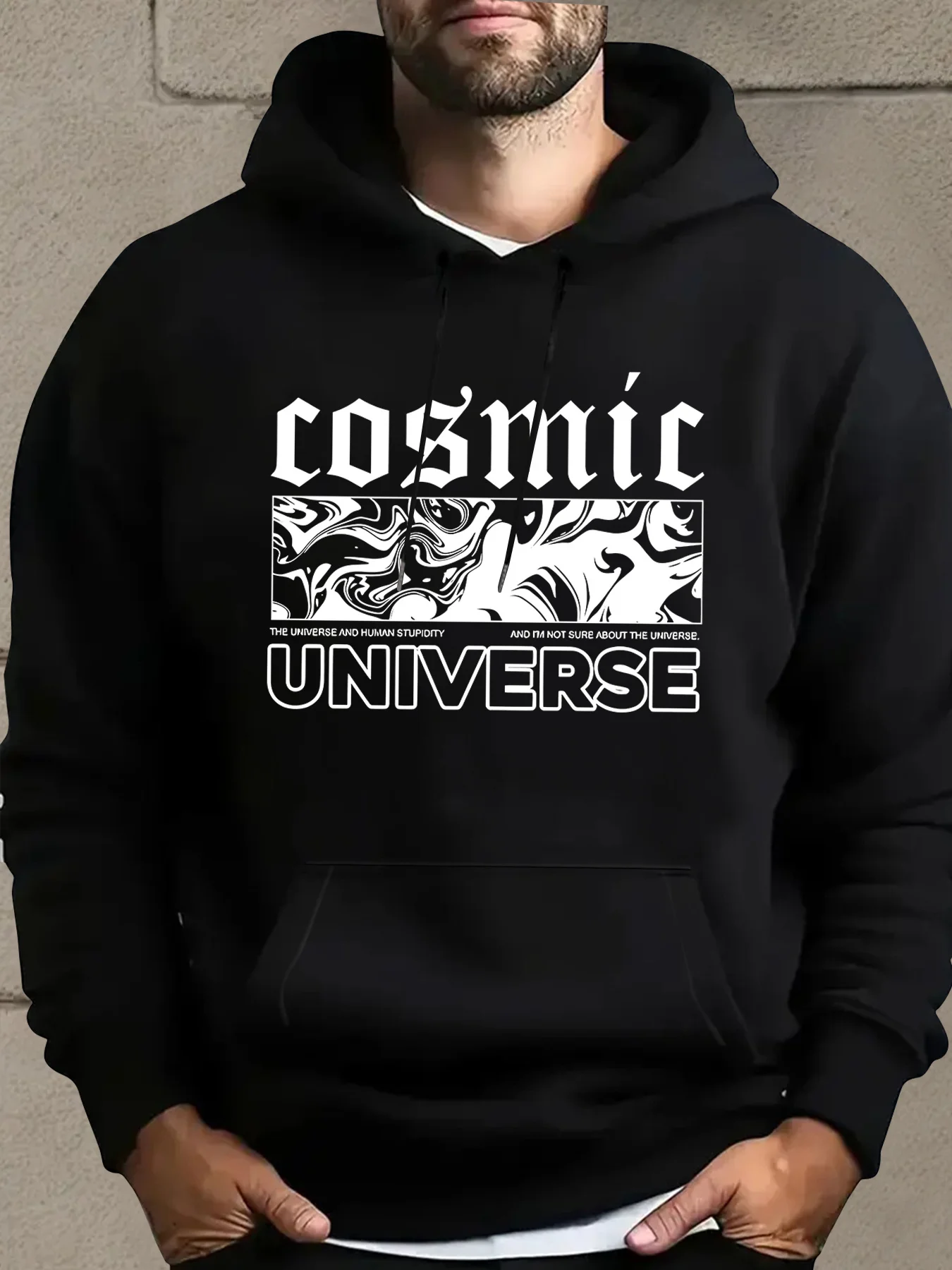 Men's Gothic letter and cosmic pattern hooded sweatshirt, light grey space-themed pullover with pockets
Men's Gothic letter and cosmic pattern hooded sweatshirt, light grey space-themed pullover with pockets