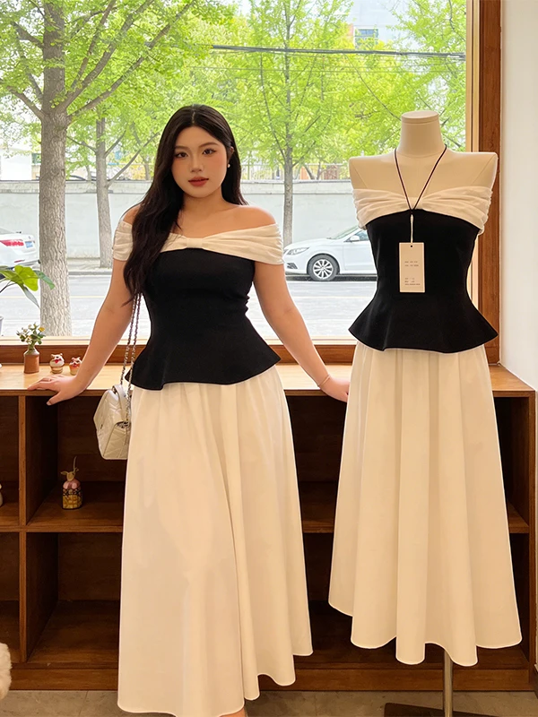 Summer New plus Size One Shoulder Color Block Short Sleeve Top Half Skirt Two Piece Set High Waist Pleated Casual Outfit
Summer New plus Size One Shoulder Color Block Short Sleeve Top Half Skirt Two Piece Set High Waist Pleated Casual Outfit