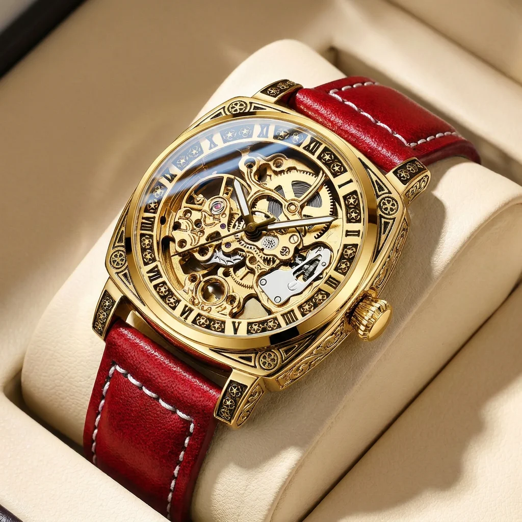 1pcs Men's gold dial leather strap vintage fashion skeleton gear luxury details Mechanical Watch for daily business party holida
1pcs Men's gold dial leather strap vintage fashion skeleton gear luxury details Mechanical Watch for daily business party holida