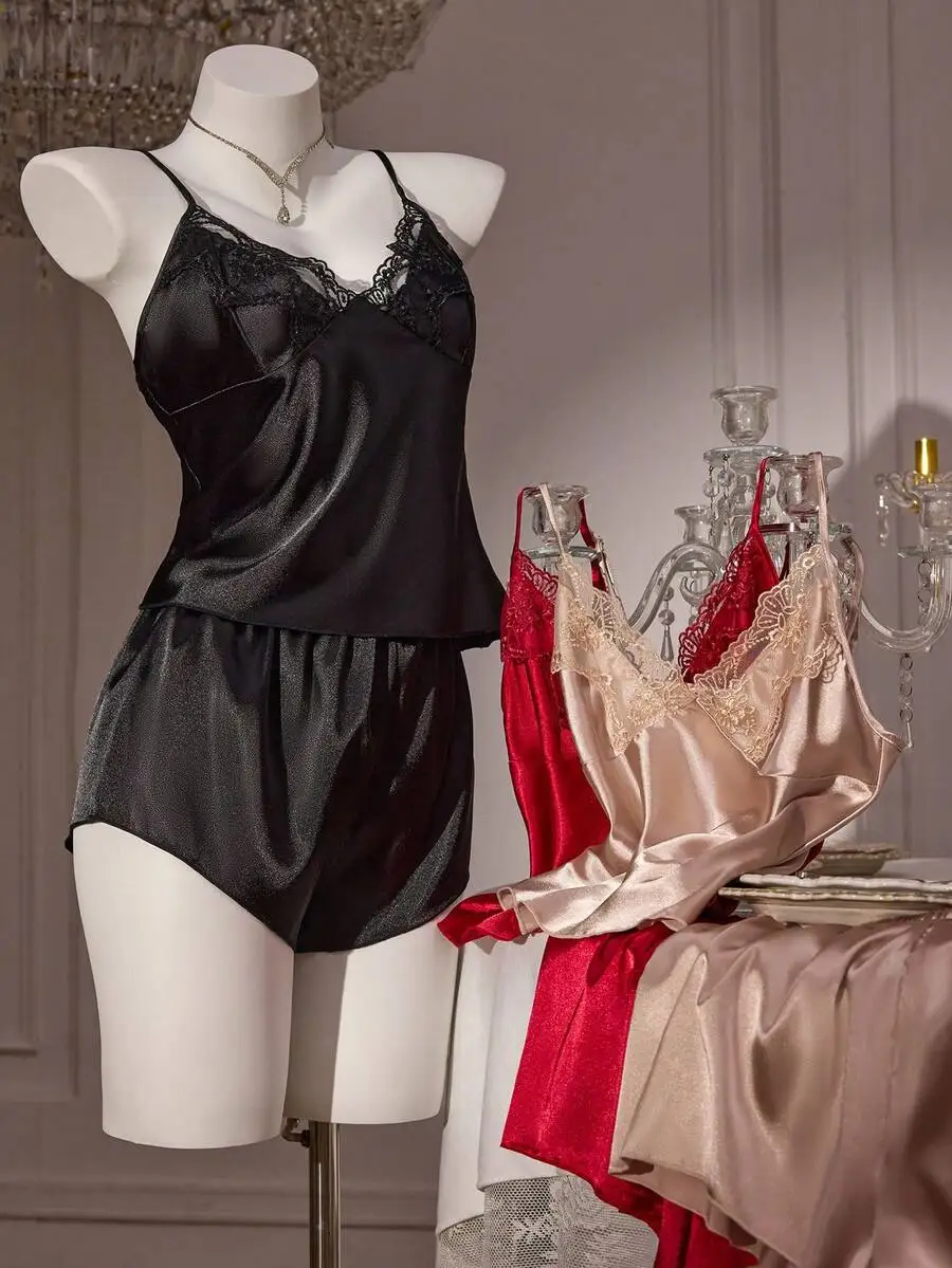 Womens Satin Lace V-Neck Camisole And Shorts Pajama Set Multi Color
Womens Satin Lace V-Neck Camisole And Shorts Pajama Set Multi Color