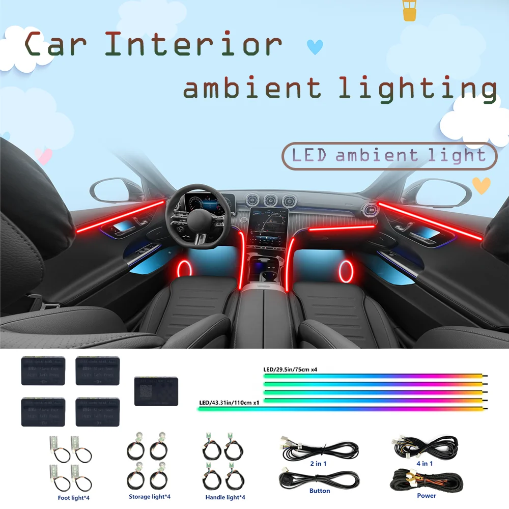 2025 Новый дизайн, 64-цветный RGB автомобильный окружающий внутренний светильник, акриловая направляющая, светодиодная лента, управление через приложение, синхронизация музыки, атмосферная лампа
2025 Новый дизайн, 64-цветный RGB автомобильный окружающий внутренний светильник, акриловая направляющая, светодиодная лента, управление через приложение, синхронизация музыки, атмосферная лампа