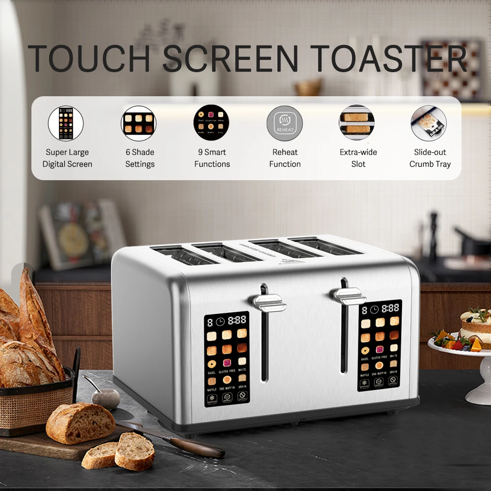 Large Digital Screen Bread Toaster 4 Slice and Touch Control Electric 9 Smart Functions Toaster
Large Digital Screen Bread Toaster 4 Slice and Touch Control Electric 9 Smart Functions Toaster