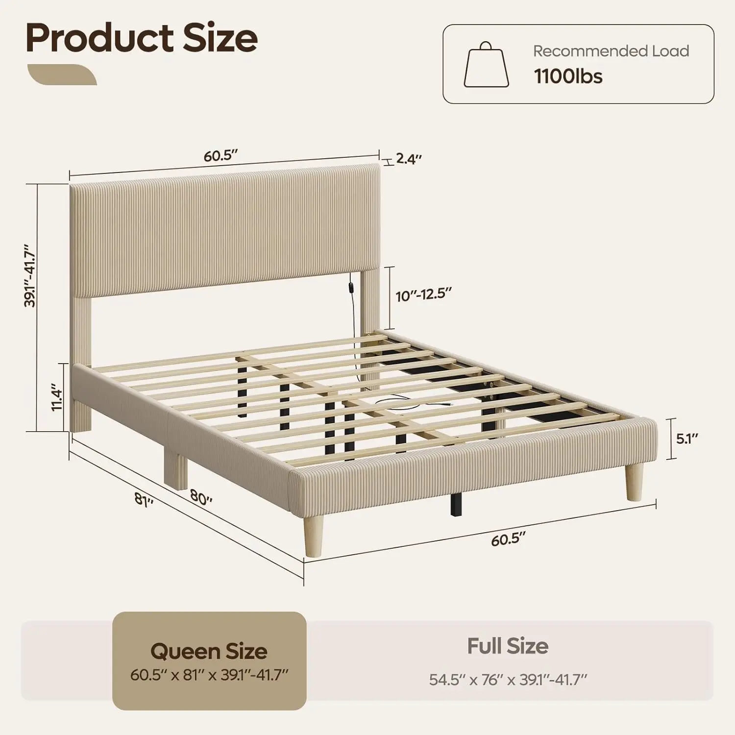 Adjustable Headboard Queen Bed Frame with LED Lights, Tufted Upholstery, Wooden Slats, No Box Spring
Adjustable Headboard Queen Bed Frame with LED Lights, Tufted Upholstery, Wooden Slats, No Box Spring